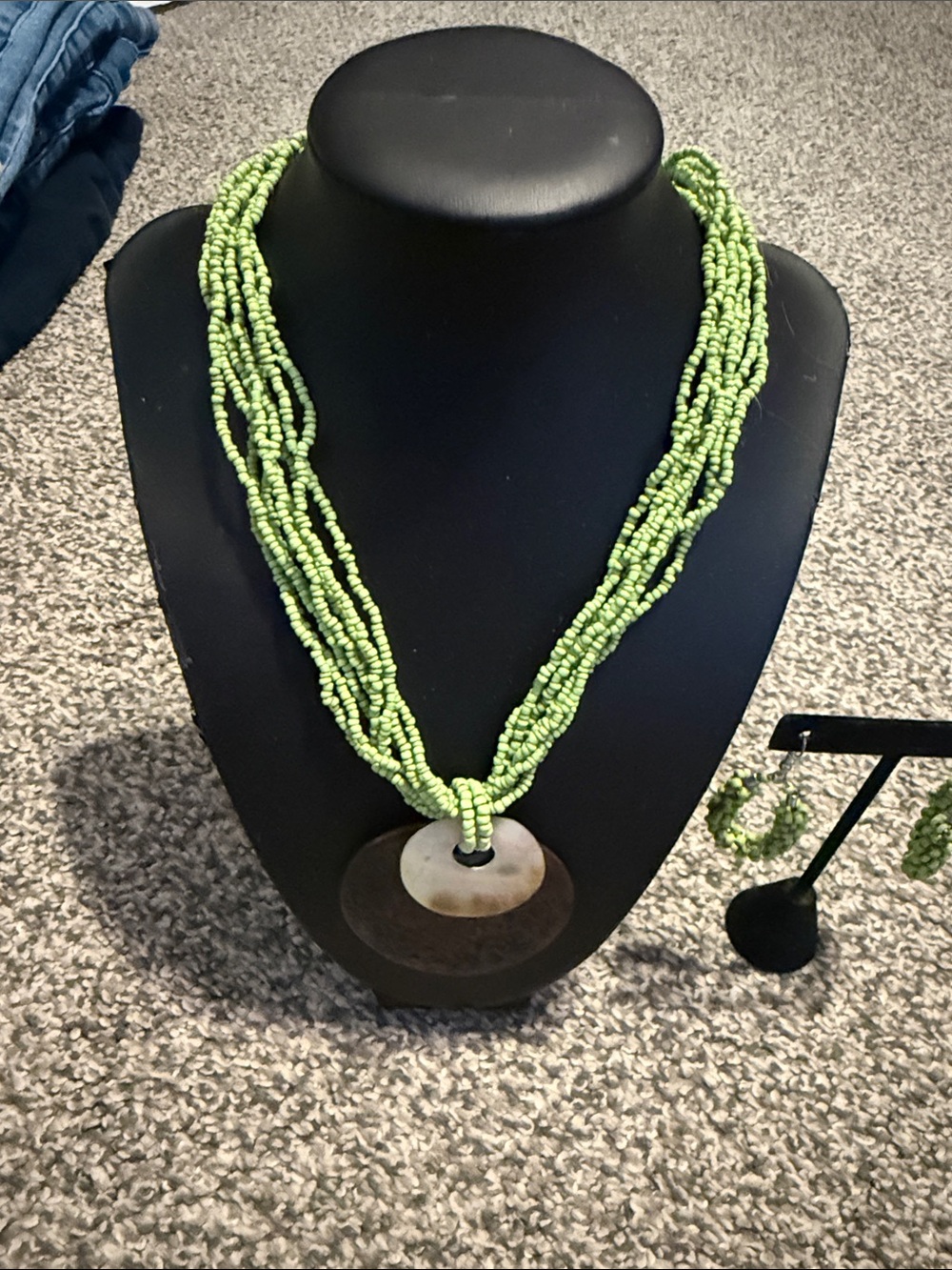 Green Multi-Strand Beaded Necklace with Round Pendant
